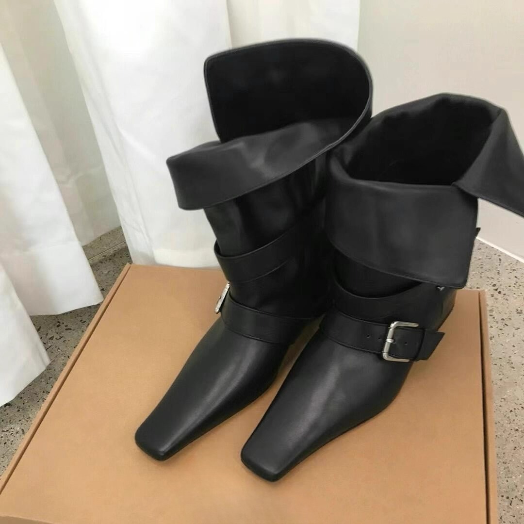 Bottes de cowboy western réversibles à bout carré en cuir véritable, spécialement conçues pour les femmes, bottes d'équitation Martin mi-mollet à semelle épaisse._voghion.com