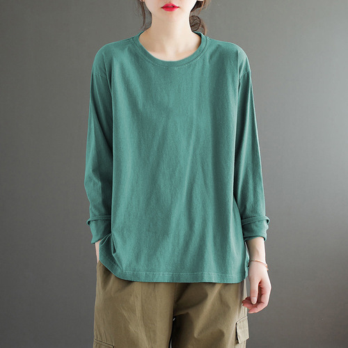 Fat MM cover the abdomen women's clothing hide meat spring and autumn season long sleeve base shirt creative single color versatile casual literary T-shirt