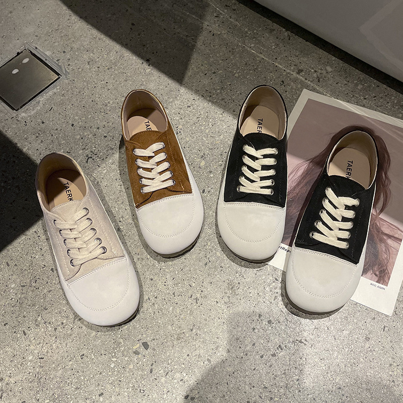 White Shoes Women's 2022 Spring New Korean Fashion Sneakers Flat Round Toe Casual Lace-up Sneakers Women's Trendy