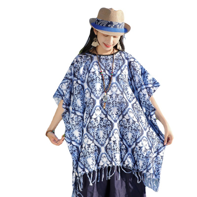 2023 primavera y otoño nuevo retro Yunnan viaje protección solar mantón decorativo algodón y lino sensación bufanda teñida capa exterior