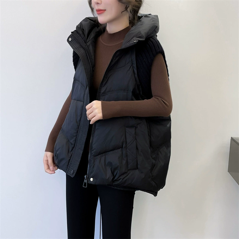 Knitted dress with hood sleevless, down jacket, vest, 2023 collection, duck down