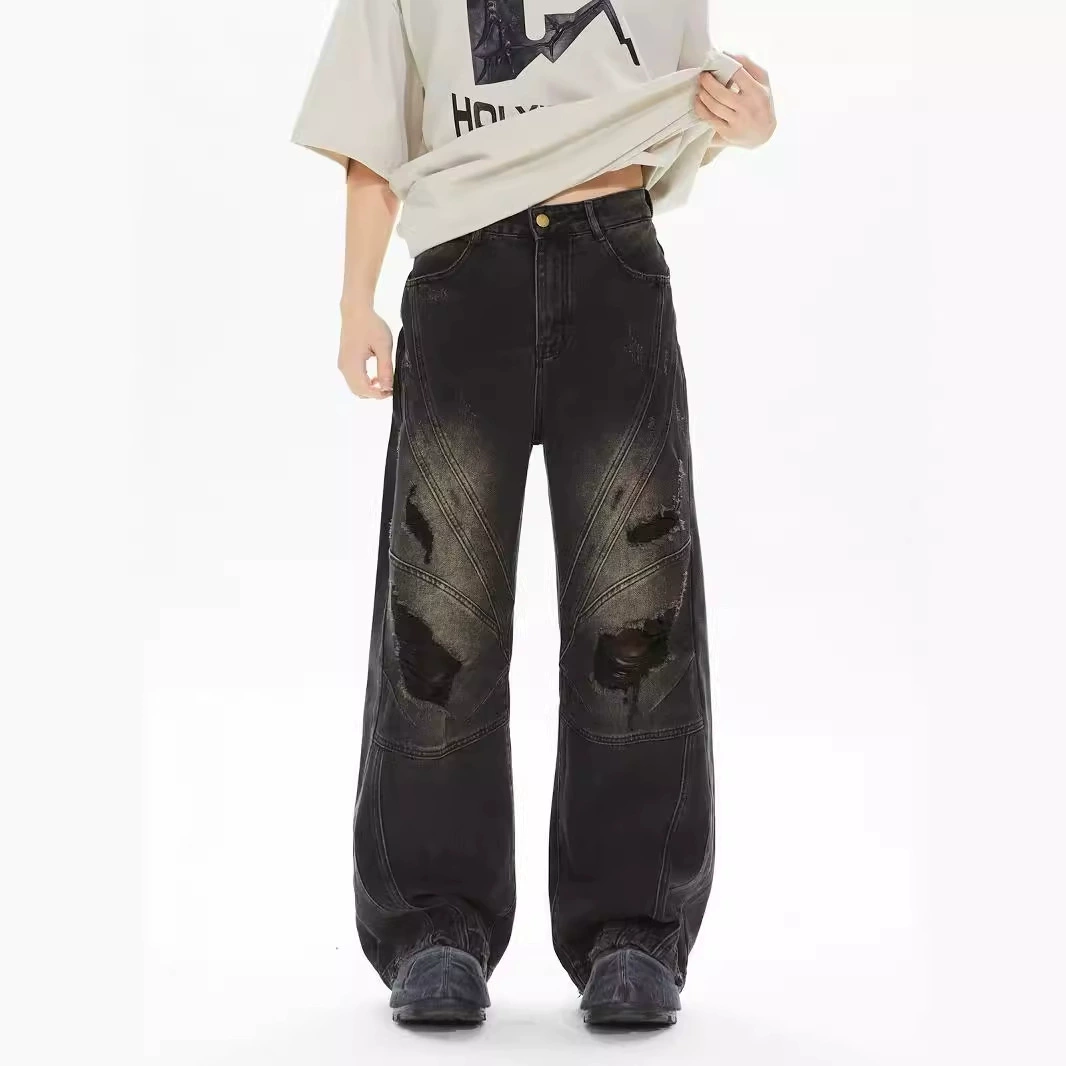 2024 Весенний стирка джинсовый набор американский наплечник свободный повседневный наплечник куртка градиент старые дыры