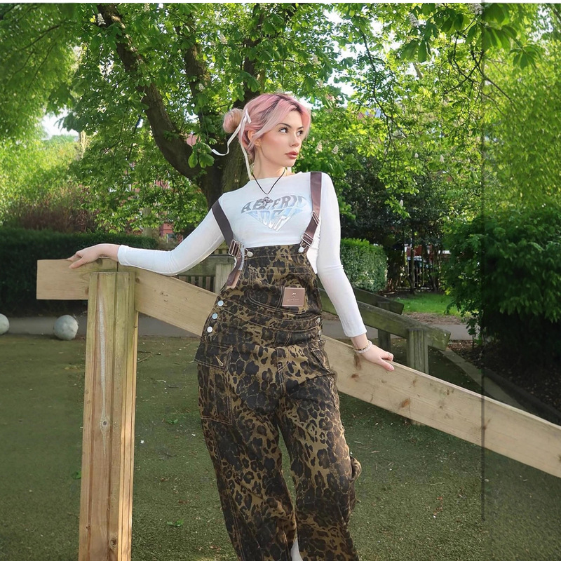 2025 Cross-Border Amazon Temu Vintage Leopard Print Workwear Denim Overalls Straight-Leg American Retro Style 2025 Cross-Border Amazon Temu Vintage Leopard Print Workwear Denim Overalls Straight-Leg American Retro Style