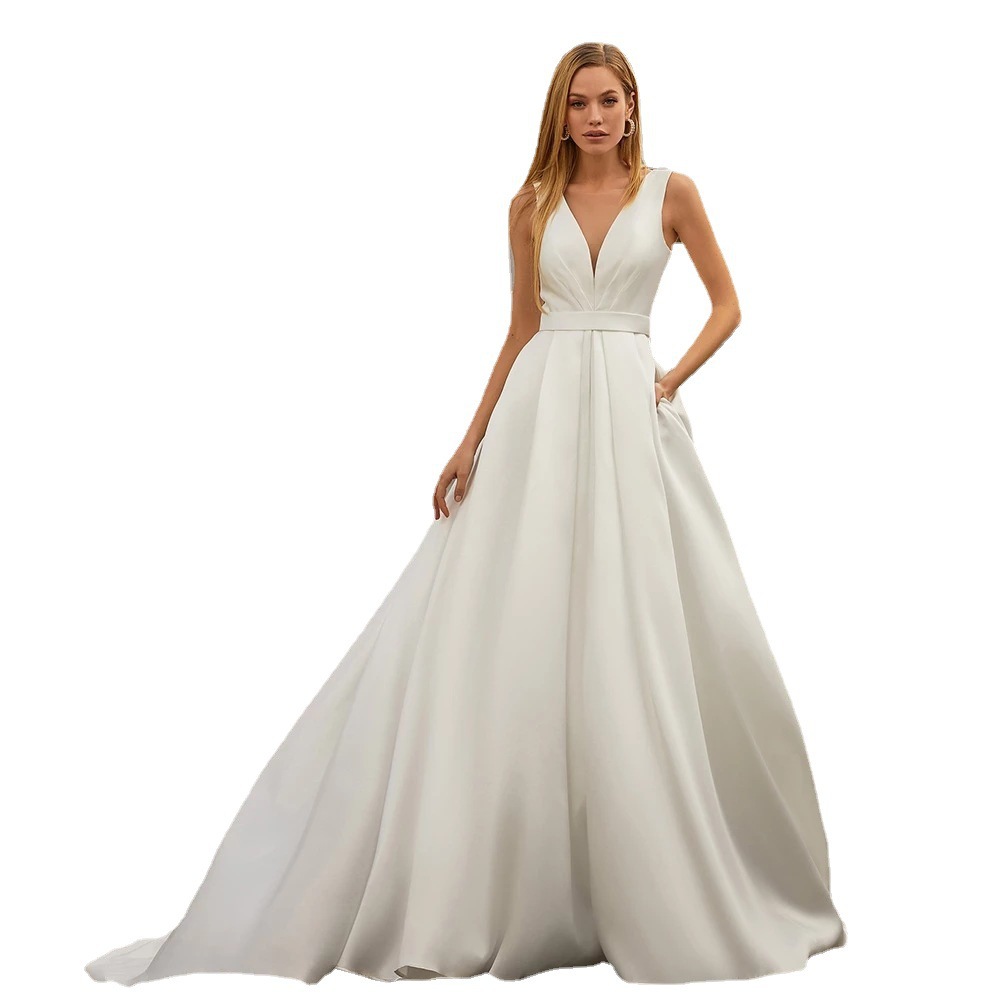 Comercio exterior doble hombro ligero vestido de novia sen nuevo estilo novia simple una versión de viaje de espalda baja pequeña cola adelgazamiento real tiro