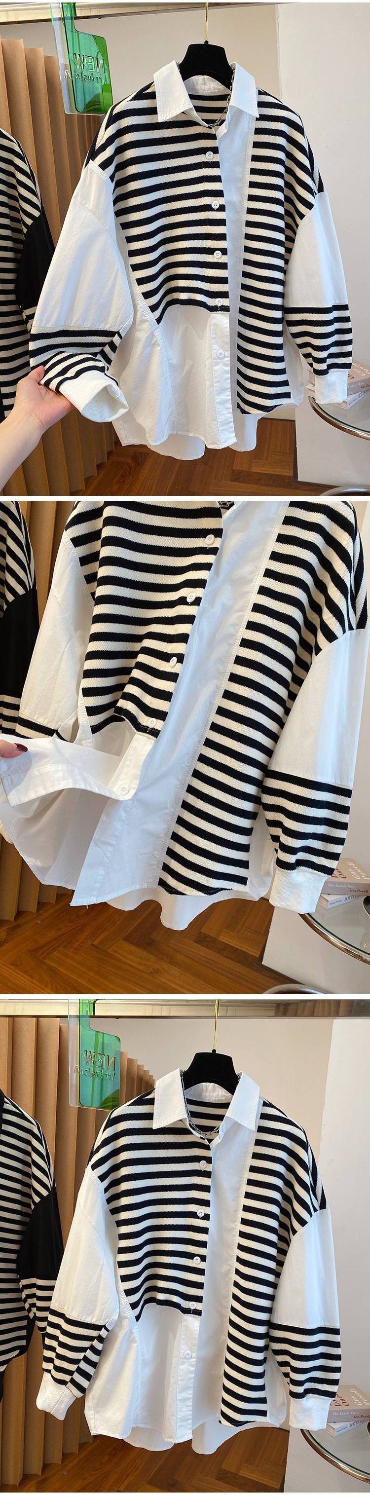 Contrast Stripes Spliced Loose Shirt