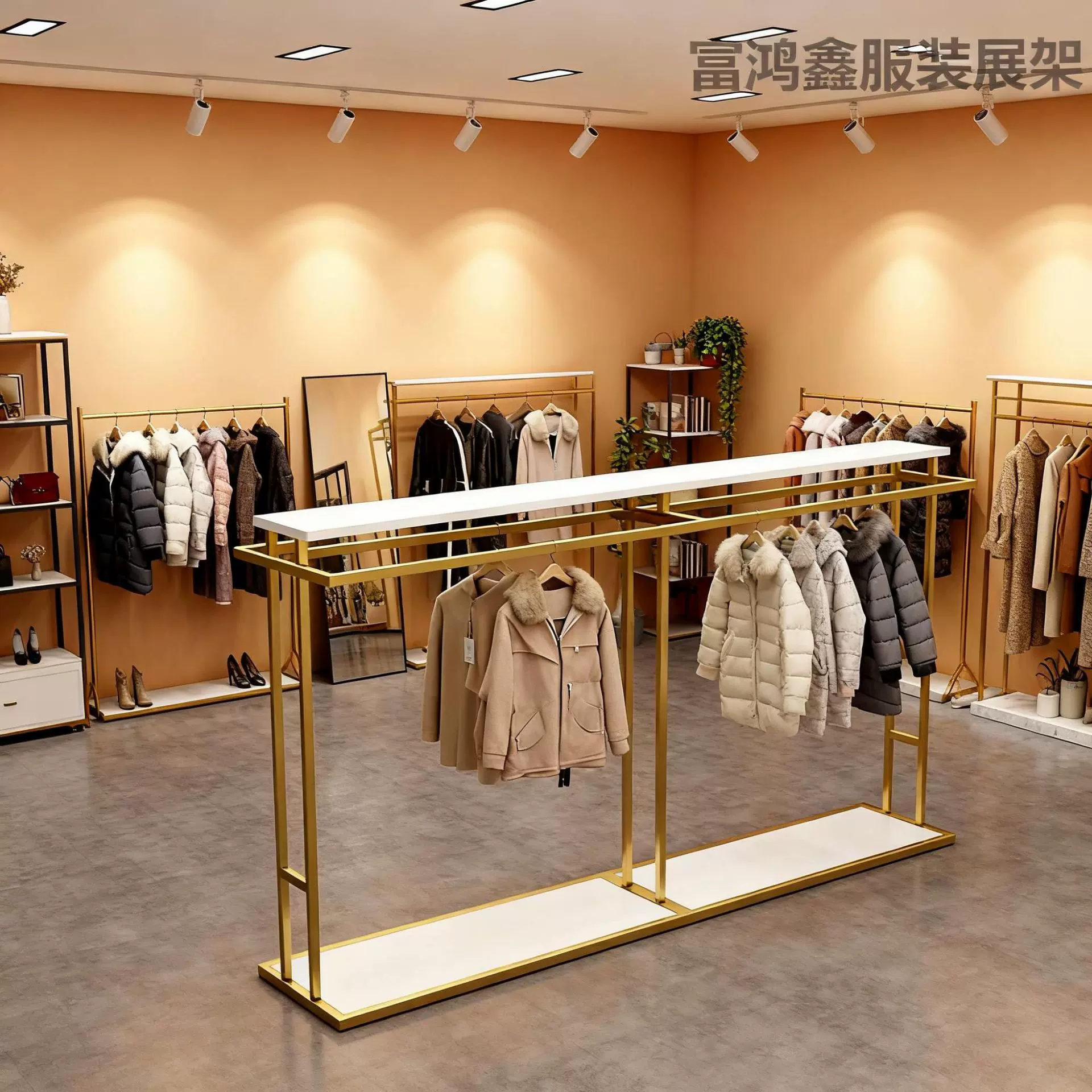 钛金不锈钢加白色木板高端中岛架2米中长款服装展架可移动货架