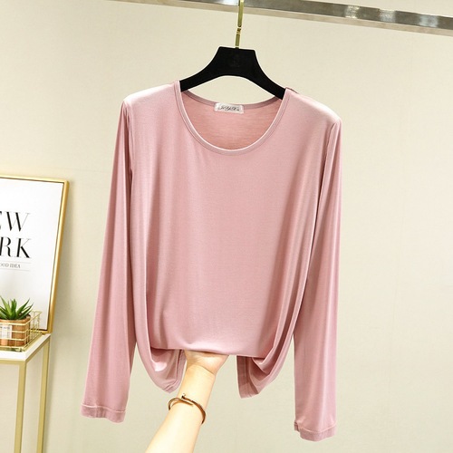 Round Neck Loose Modal Autumn Women's Plus Size Long Sleeve T-Shirt Winter Simple Base Shirt Plain Color Thin Top