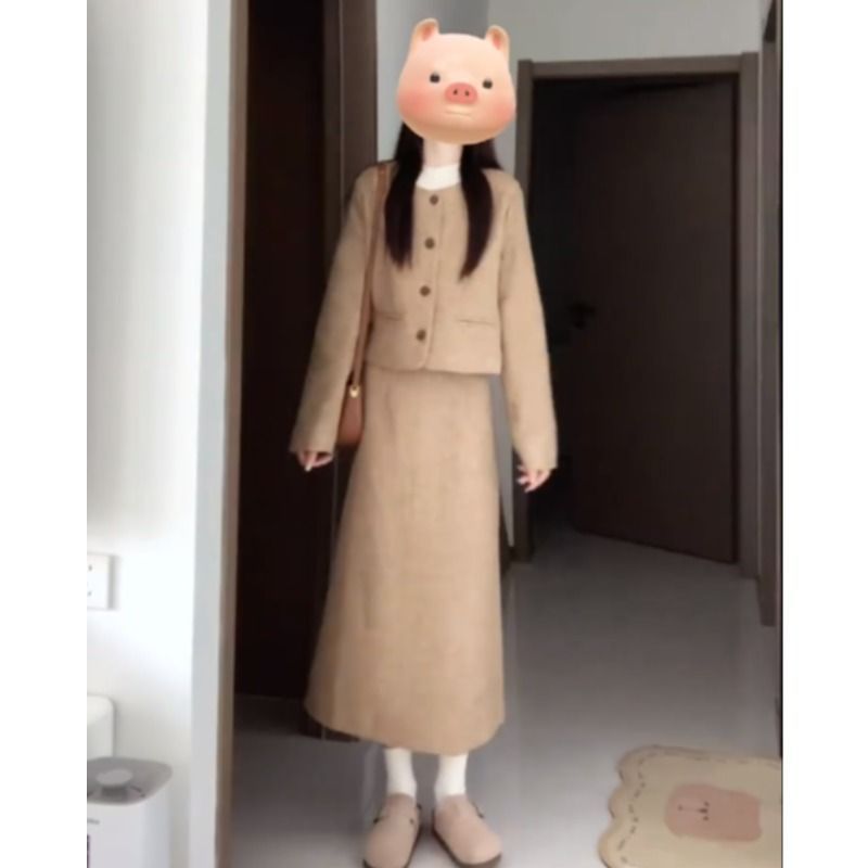 早秋韩系穿搭套装小香风高级感毛呢外套半身裙大方得体穿搭两件套|undefined