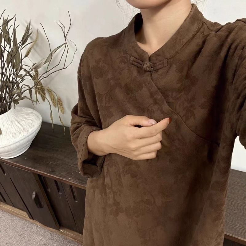 新品立领斜襟外穿宽松中式女衬衫盘扣茶服复古亚麻提花上衣|undefined