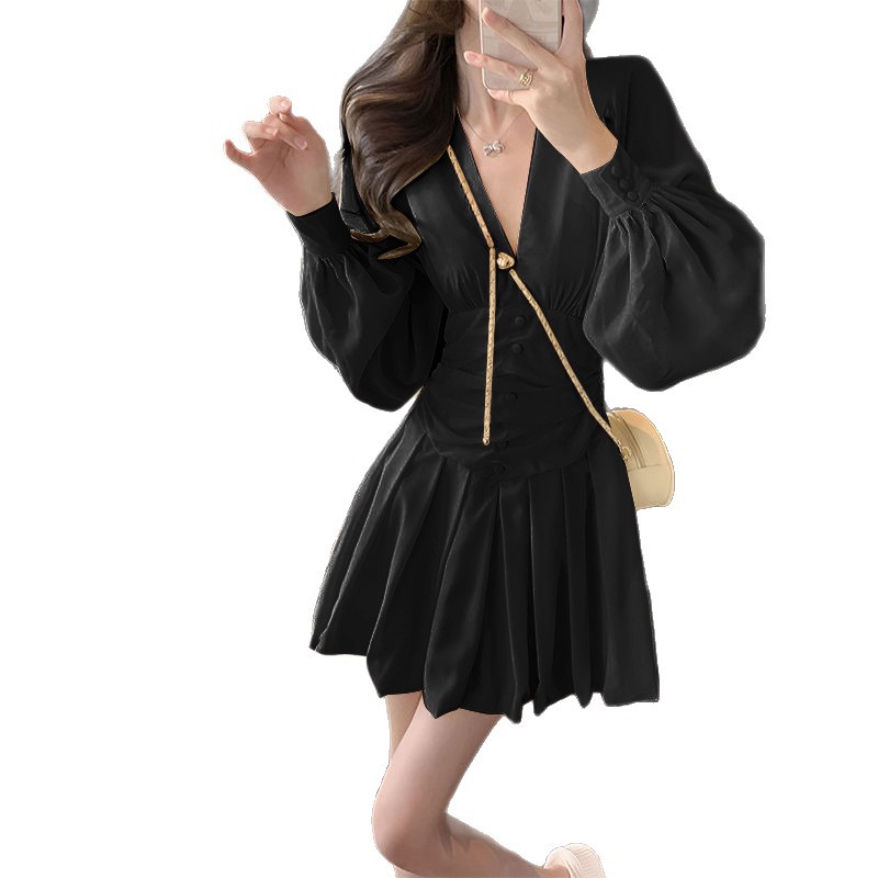 Women's Chiffon V-Neck Lantern Sleeve Mini Dress