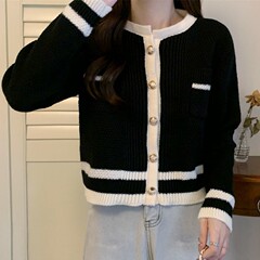 2025 秋冬新韓国ファッション小香風ルーズセーター女性のトレンディなコントラストカラーラウンドネックニットカーディガンジャケット