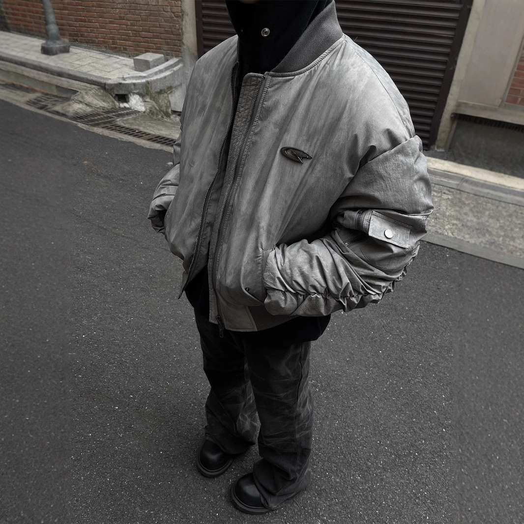 冬季复古废土风褶皱设计飞行服棒球服棉服美式嘻哈外套保暖棉衣潮