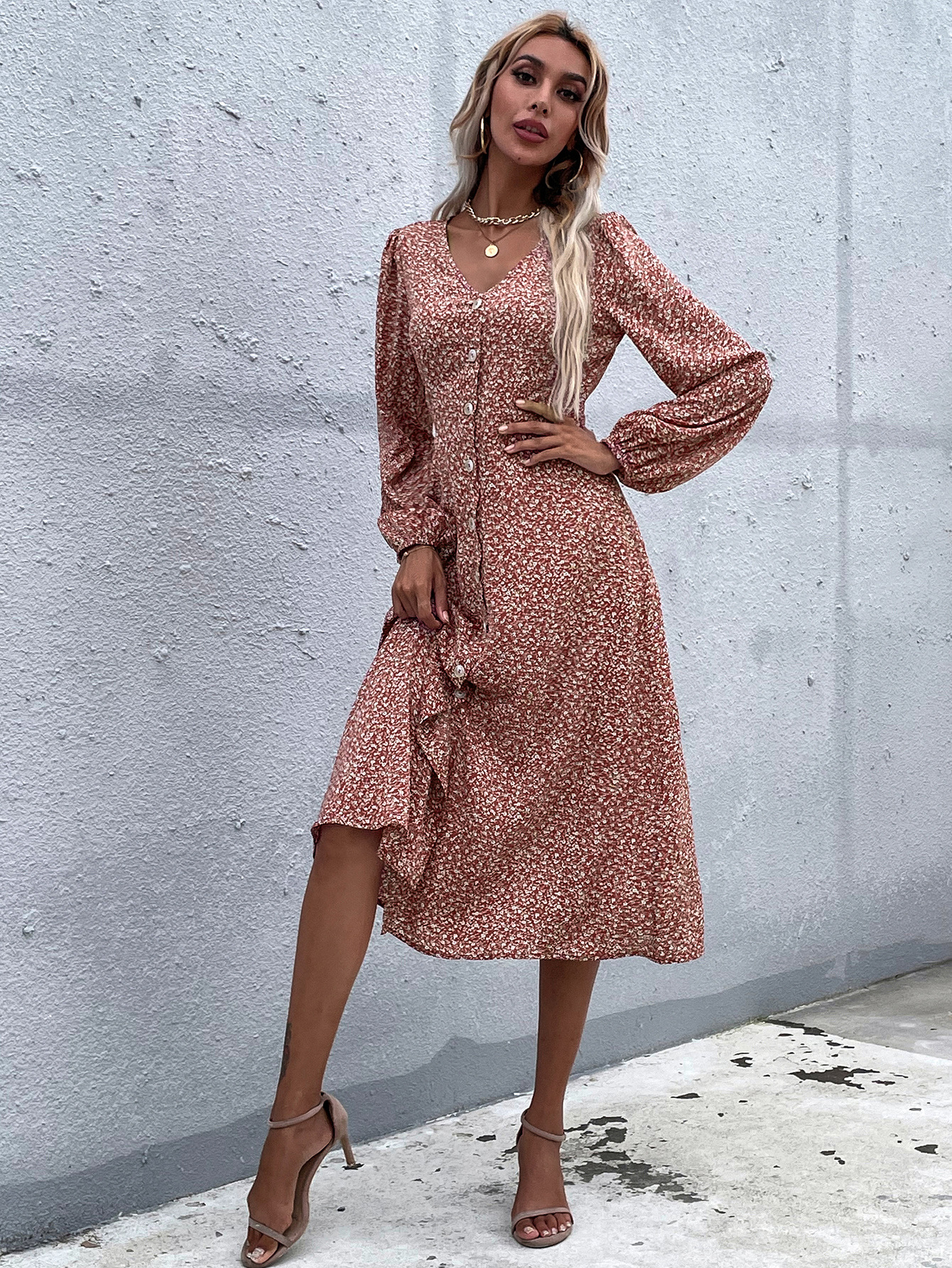 Floral V-Neck Long-Sleeved Slim Dress NSJM79781