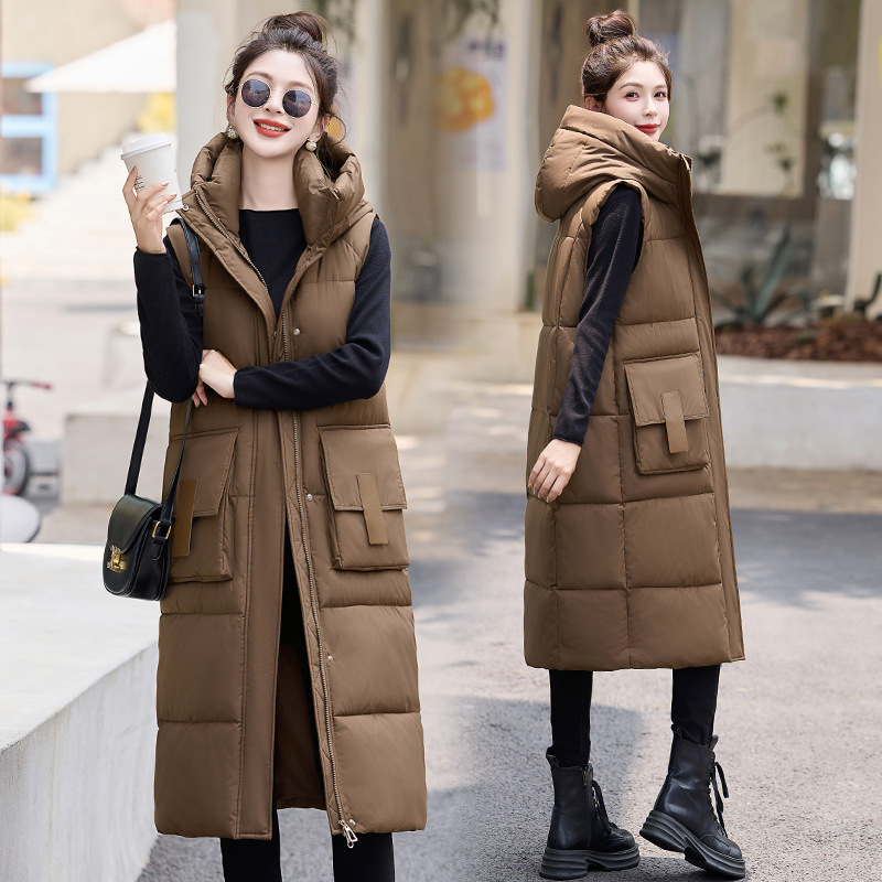 Comercio exterior otoño y invierno nuevo chaleco de algodón de pluma de mujer largo sobre la rodilla estilo coreano delgado hombro de hombro universal chaqueta de clip de caballo image 3