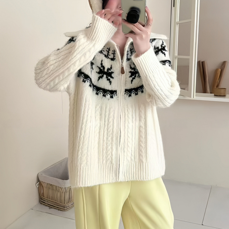 Alpaca Jacquard corteza suéter con cremallera chaqueta coreana gran solapa de pelusa sensación suave chaqueta glutinosa