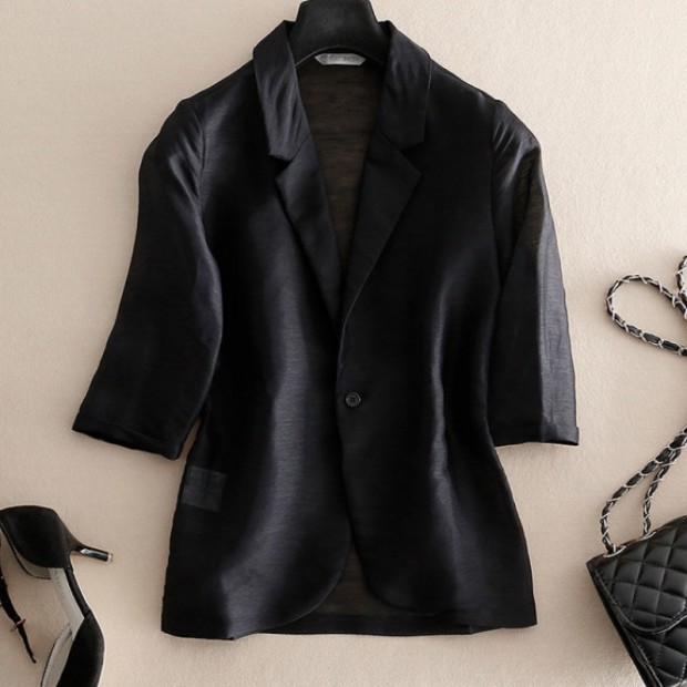 Damen Sommer Blazer Leicht Aus Baumwolle Seide Und Leinen_voghion.com