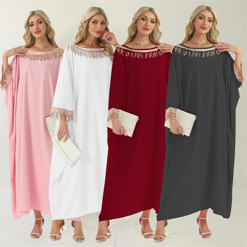 European and American Cross-Border Women's Dresses, European and American Plus-Size Elegant Long Dresses, Travel Wear, Sequin Embroidery, Tassel Decoration European and American Cross-Border Women's Dresses, European and American Plus-Size Elegant Long Dresses, Travel Wear, Sequin Embroidery, Tassel Decoration