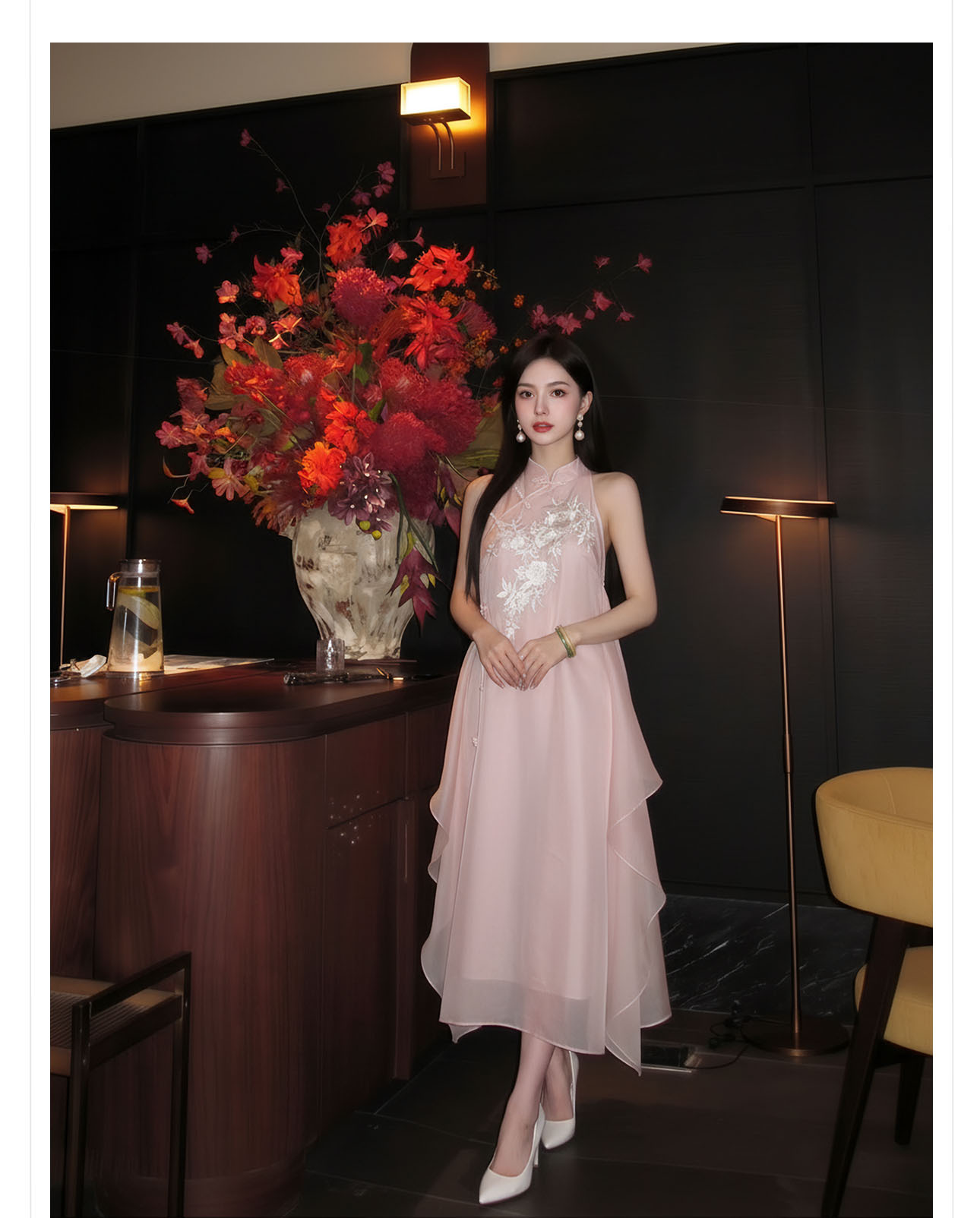 Đầm maxi thêu hoa phong cách Trung Hoa cổ điển, chất vải mỏng nhẹ mùa hè, tay lỡ, thắt eo — hồng chi tiết 13