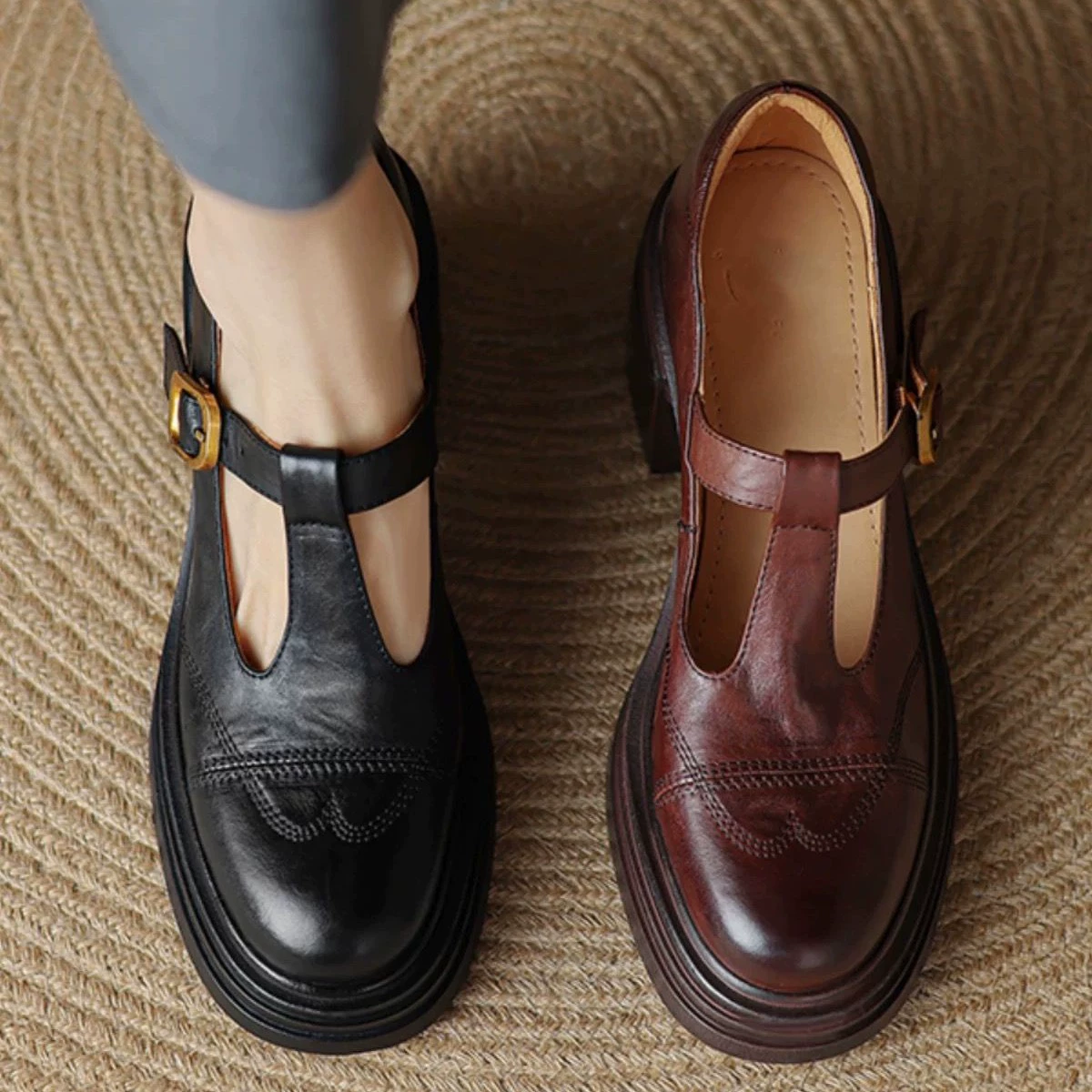 Мойте кожу водой! Огромный комфорт ~ Мягкие кожаные одиночные туфли женские толстые каблуки на толстом каблуке Мэри Джейн туфли маленькие кожаные туфли