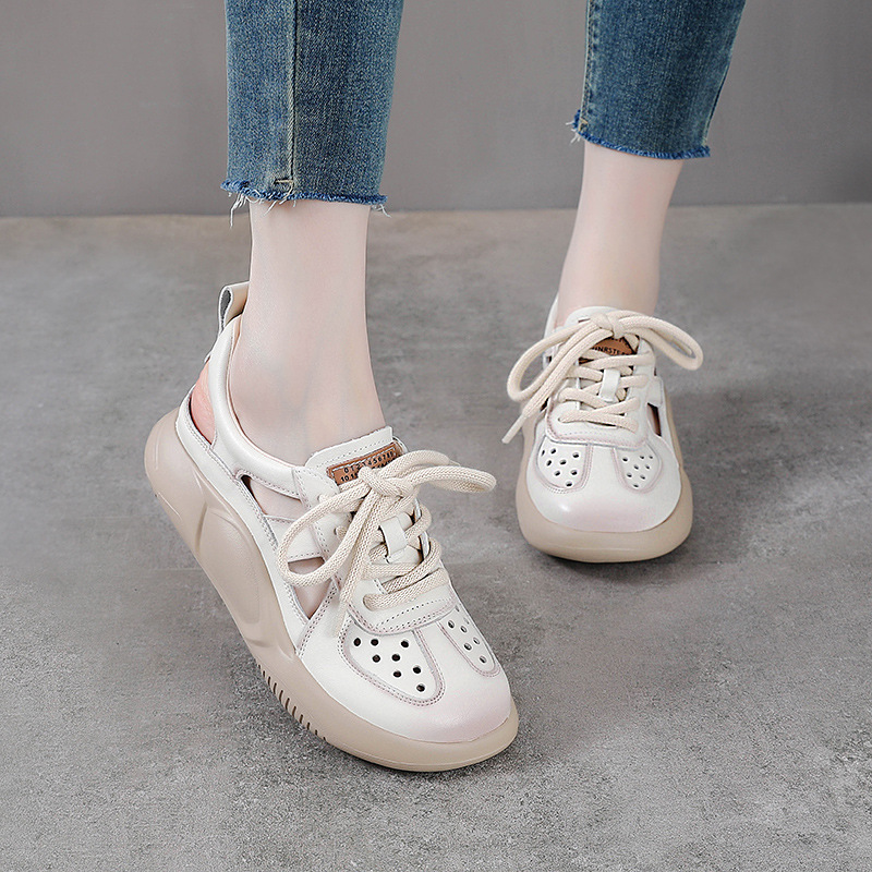 Sandal bít mũi thể thao da bò thật đế dày cổ điển mùa hè — Màu be