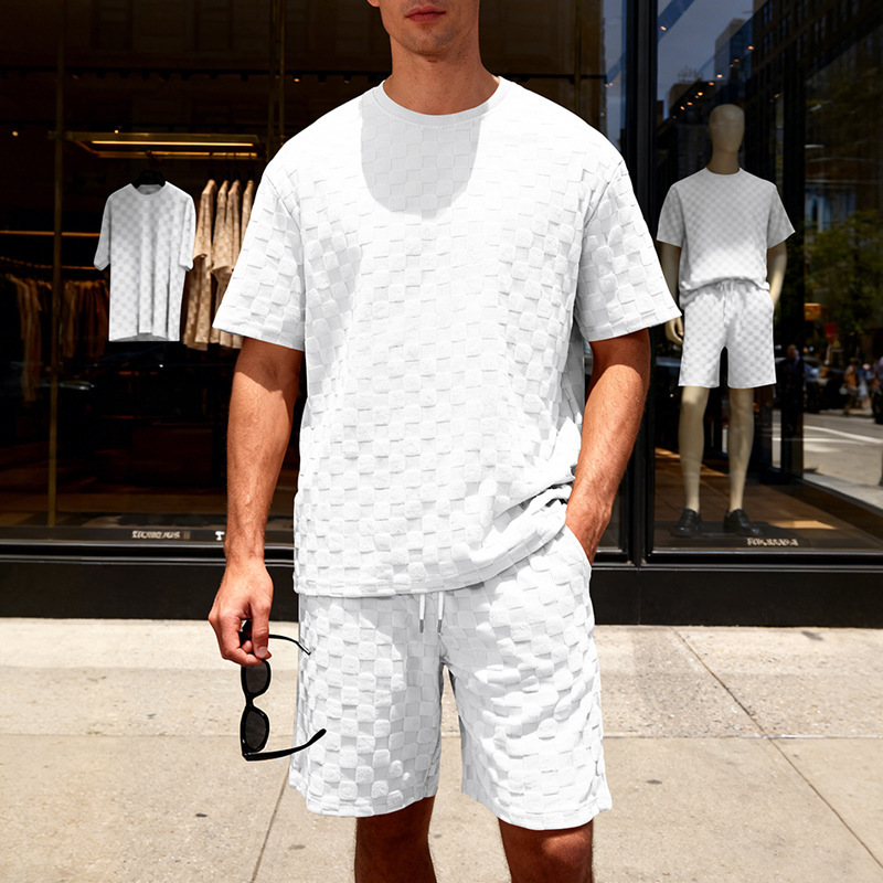 Muscle Doctor Men's Summer Jacquard Checkered Short Sleeve T-Shirt & Shorts Set, Loose Fit High Street Casual Outfit_viptrois.com