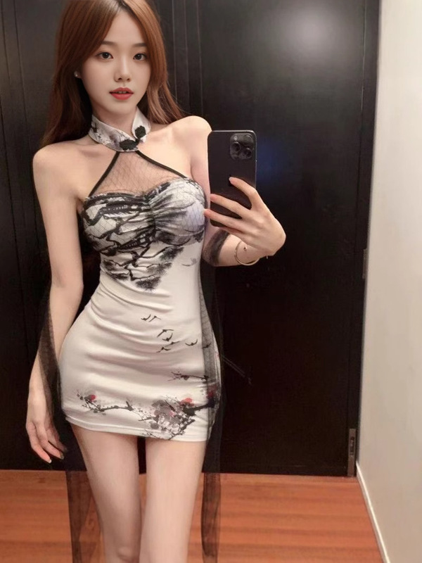 気質レトロ風インクプリントチューブトップヒップスカート女性の改良されたチャイナドレススリムメッシュスプライシングホルターネックドレス|undefined
