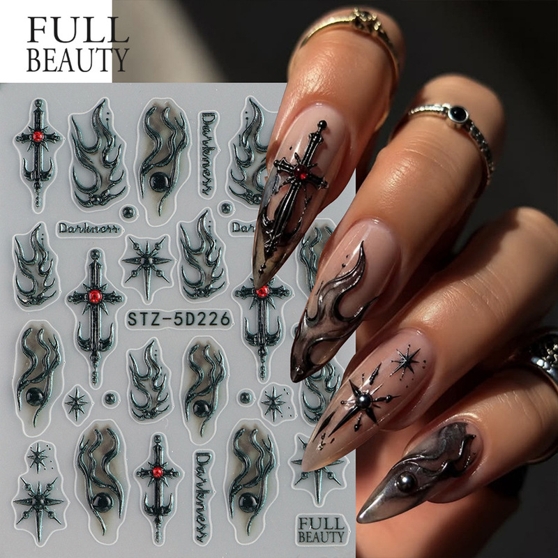 New cross-border nail art stickers with embossed three-dimensional gothic cross, flame, starburst, and red diamond designs, adhesive nail stickers