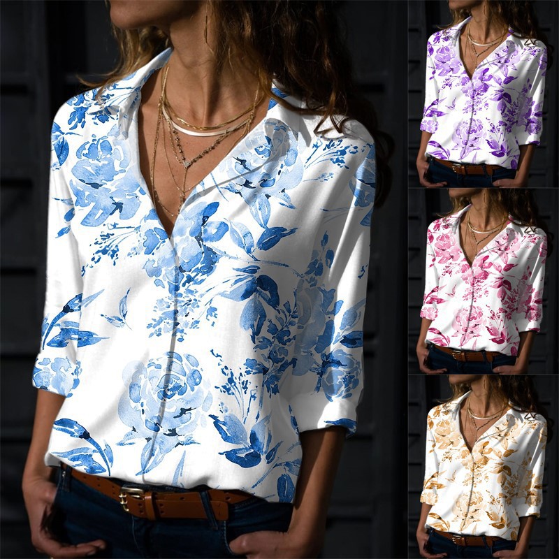 亚马逊速卖通WISH2022春季跨境欧美爆款热销花朵印花长袖衬衣女装