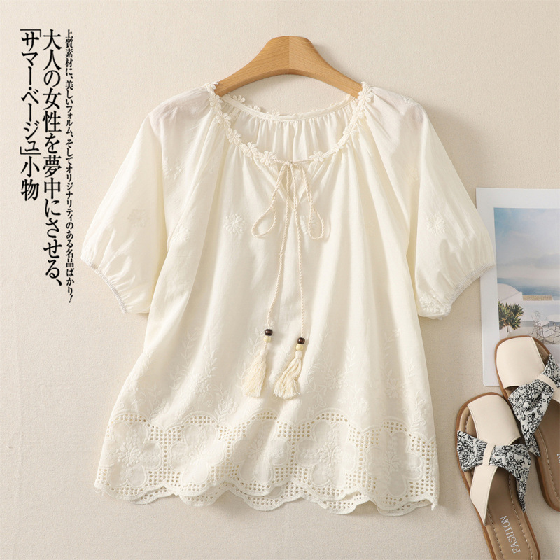 Ethnic Style Tassel Tie-Up Blouse, Artistic Cotton and Linen Embroidered Top with Floral Embellishments and Hollowed-Out Wavy Edges