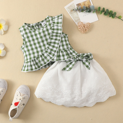 Baby Sleeveless Ruffle-Trim Plaid Top with Bow-Knot Embroidery + Skirt Set, Trendy European & American Style for Girls
