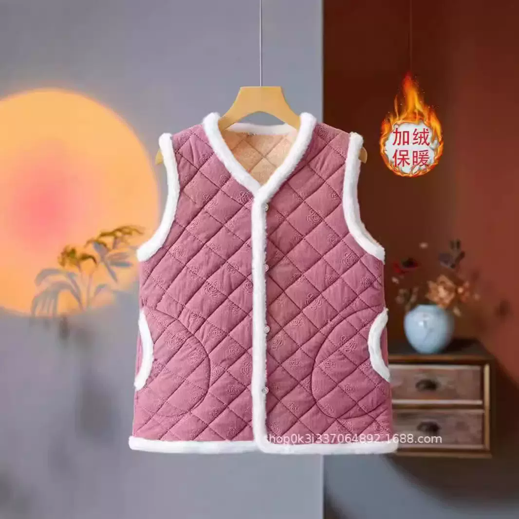 妈妈秋冬马甲女加绒加厚保暖中老年背心无袖坎肩修身高级条绒印花