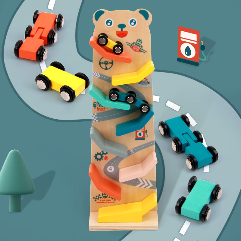 Niños de madera oso planeador niño educación temprana multi-capa pista deslizante pequeño coche de carreras de escritorio juguetes educativos interactivos