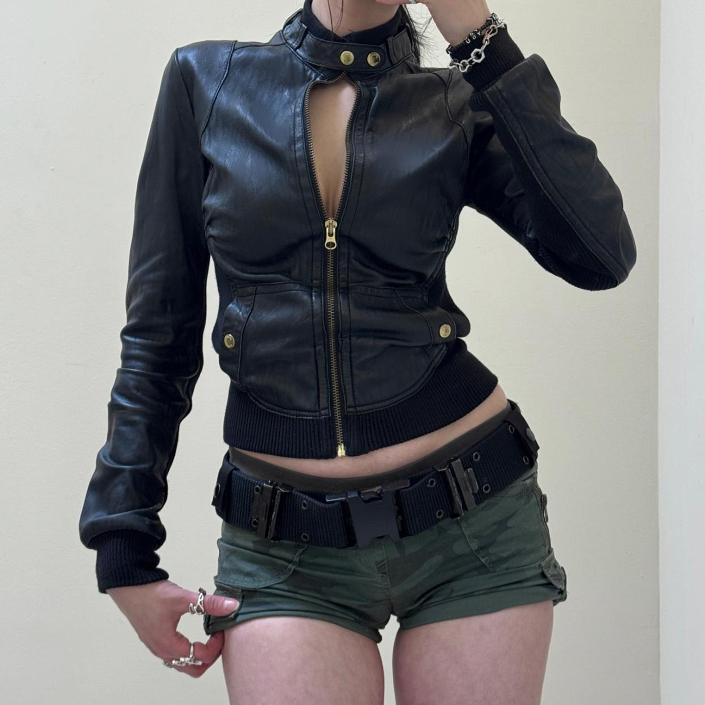 亚马逊酷帅ins机能风个性黑色立领皮革外套街头性感拉链辣妹夹克