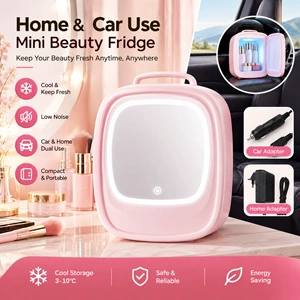 Car refrigerator with LED light and mirror, 6L capacity, for storing beauty products, face masks, and cosmetics, keeping them fresh and cool, a car refrigerator with heating and cooling functions