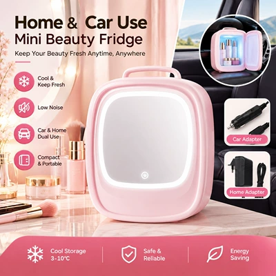 Car refrigerator with LED light and mirror, 6L capacity, for storing beauty products, face masks, and cosmetics, keeping them fresh and cool, a car refrigerator with heating and cooling functions