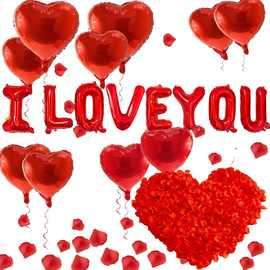 红色字母I LOVE YOU 爱心花瓣组合气球情人节婚庆派对装饰跨境热