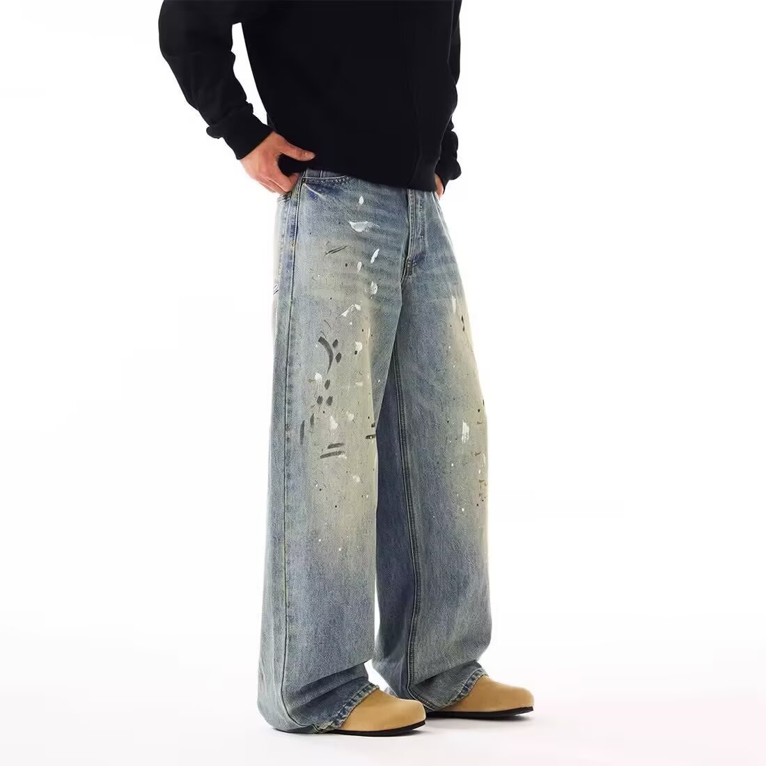 Men's Clothing Men's Retro Trendy Ink Splatter Wash Distressed Loose Straight Leg Wide Leg Jeans Versatile Casual Commuting Pants_mkmklike.com
