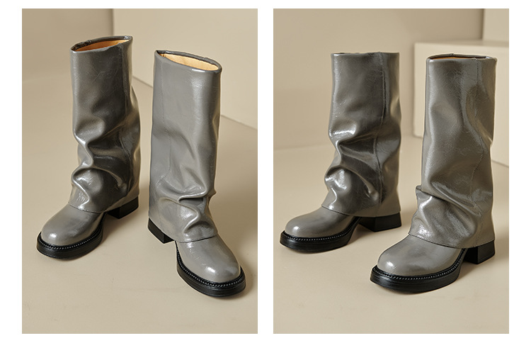 Boot nữ da thật cổ cao gót chunky đế xuồng màu trắng, kiểu dáng ôm chân, mùa thu đông — Lớp lót nhung đen, Lớp lót đơn màu trắng nhạt, Lớp lót đơn màu xám, Lớp lót nhung màu xám chi tiết 9