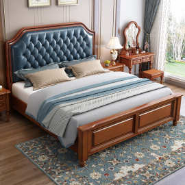 美式实木床桃花芯木1.8米卧室床软包皮床现代简约实木高箱双人床