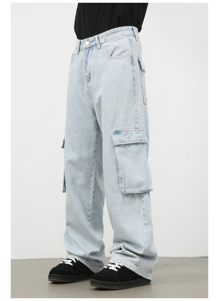 Quần jean nam ống rộng ống đứng dáng suông, vải denim giặt cổ điển, nhiều túi — Màu xanh lam chi tiết 10