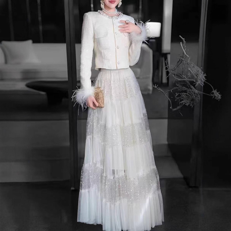 Sequin Splicing Mesh Skirt, Pure White Fairy Style Long Skirt, Three-Layer A-Line Elegant Slimming Look Skirt