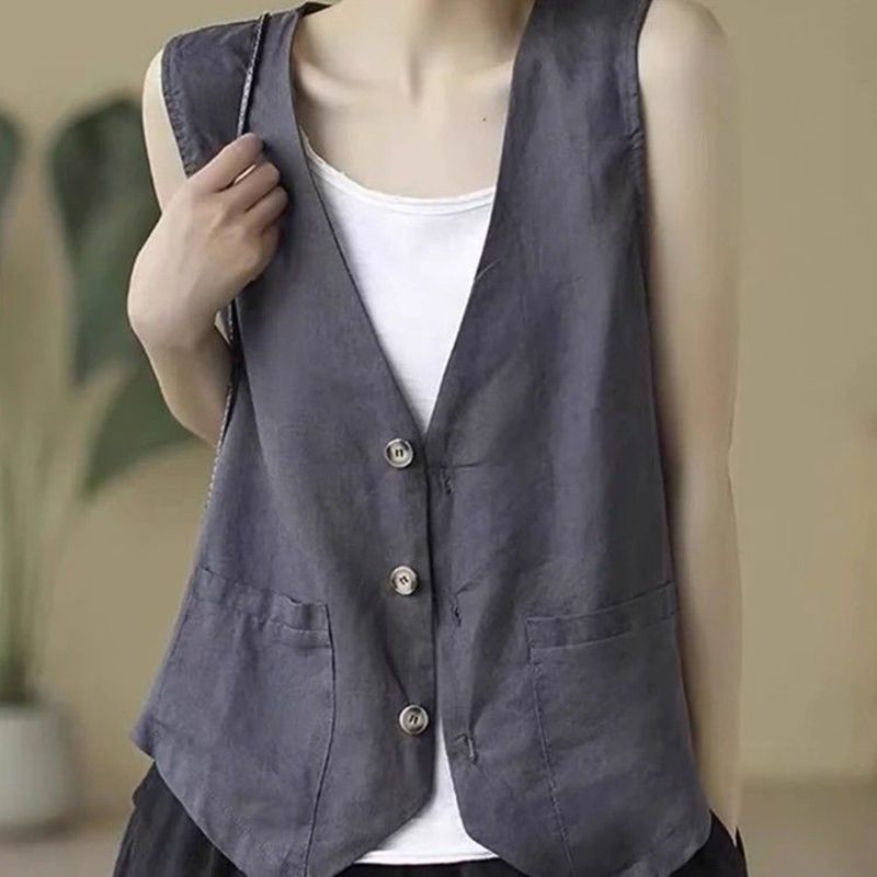 Ropa de primavera nueva literatura y arte universal relajado comercio exterior retro sin mangas cuello en V medio largo chaleco de lino abrazadera chaqueta mujer