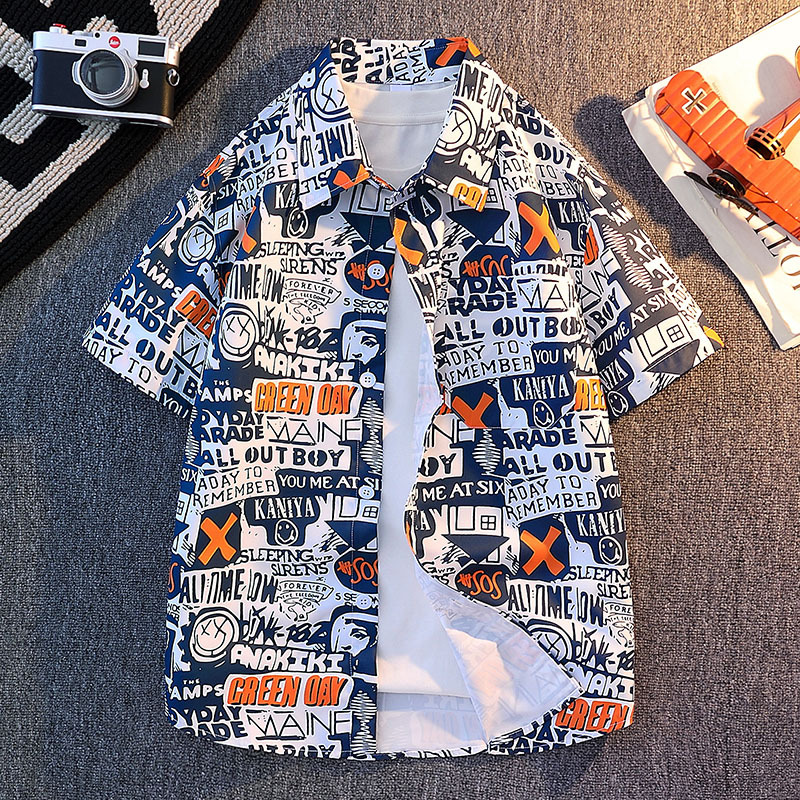 Men's Hawaiian Style Printed Short Sleeve Shirt Trendy Loose Casual Lapel Beach Wear_viptrois.com