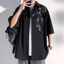 新中式国风刺绣短袖衬衫男士夏季新款潮流青少年大码半袖衬衣外套