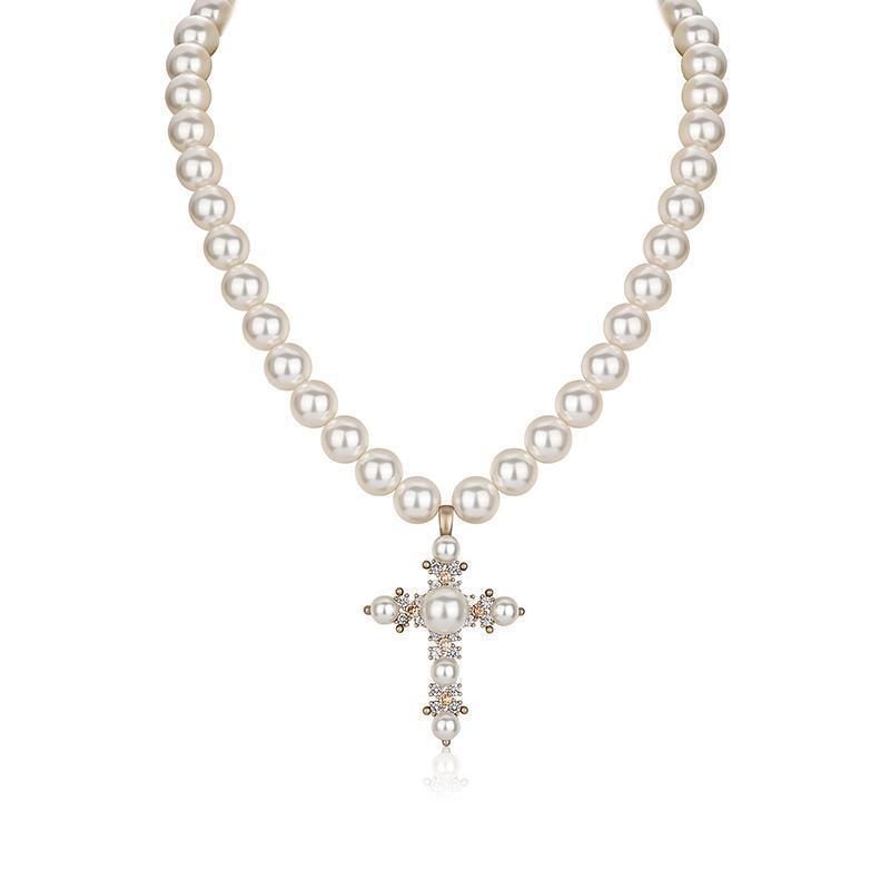 Collana con croce e perle barocche stile vintage uomo donna_voghion.com