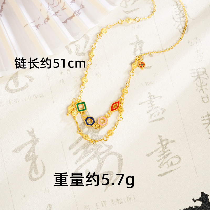 Pulsera de oro de arena antigua, diseño de nicho, cadena de doble capa, collar geométrico de color, joyería retro de larga duración