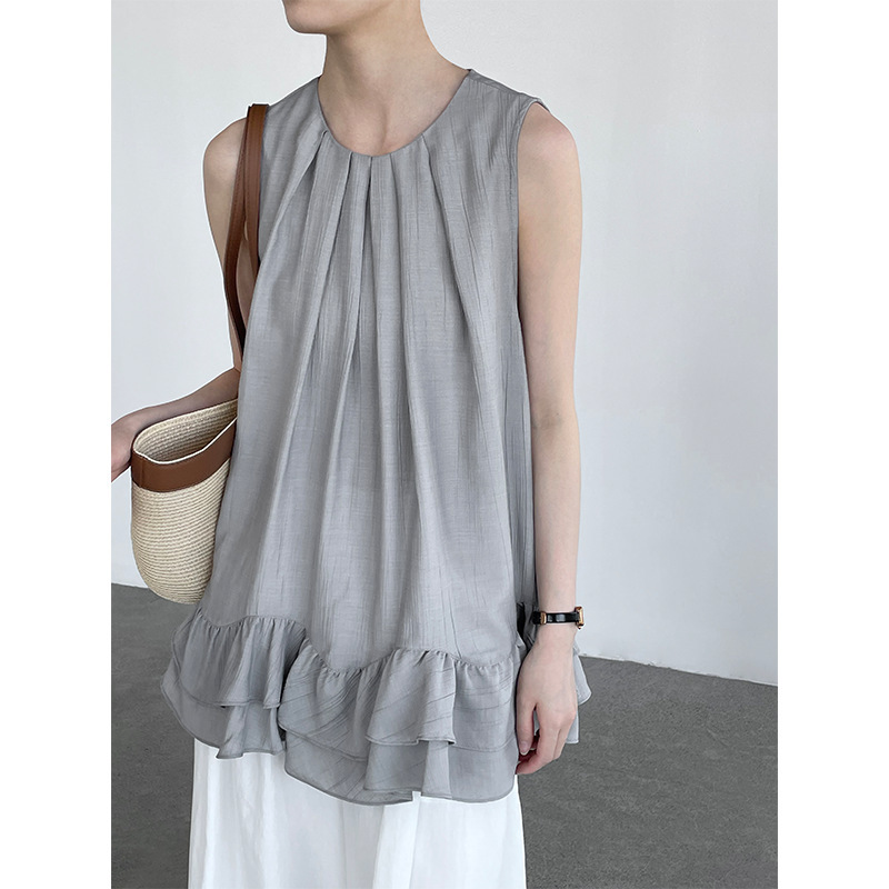 Taochuan Korean-Style Youthful Round-Neck Sleeveless Blouse for Women, Summer Hot Item, Breathable Ruffled Tank Top 26029