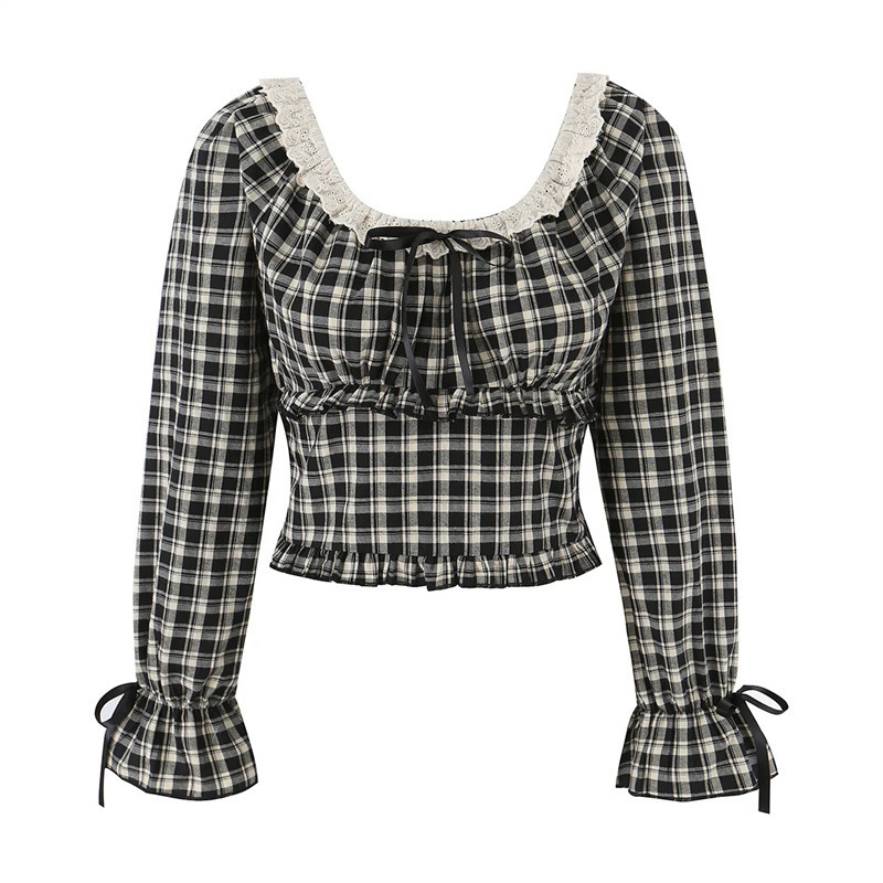 French Retro Plaid Lace Trim Bow Tie Square Collar Long-Sleeved Shirt for Women Slim Fit Short Sweet and Spicy Top French Retro Plaid Lace Trim Bow Tie Square Collar Long-Sleeved Shirt for Women Slim Fit Short Sweet and Spicy Top