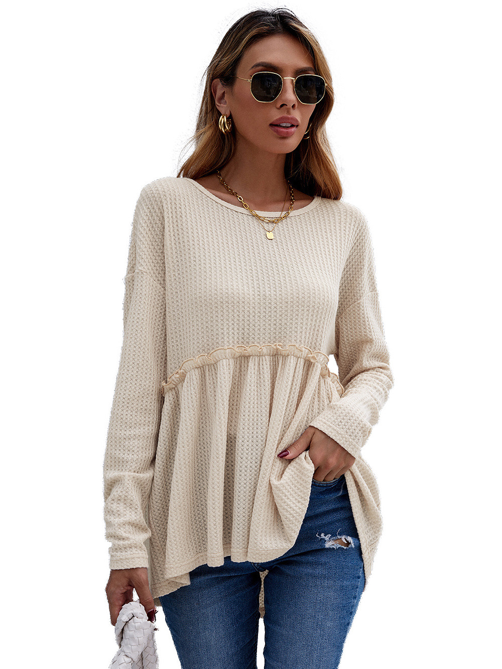 women s round neck solid color waffle pleated casual long-sleeved sweater nihaostyles clothing wholesale NSDF73705