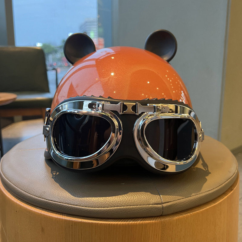 Universal Retro Helmet 3C Certified, Electric Motorcycle Half Helmet, All Seasons (Car helmet) - orange-brim-goggles-bear-ears-one-size